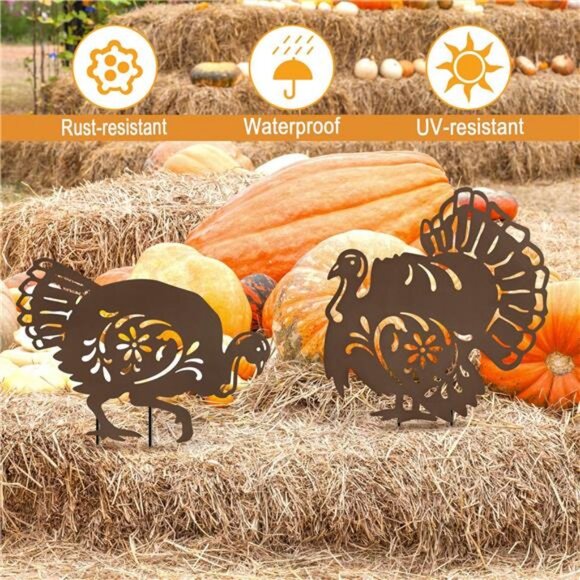 Metal Turkey Garden Stakes Set of 2 Outdoor Thanksgiving Yard Decor Rusty - Picture 4 of 7